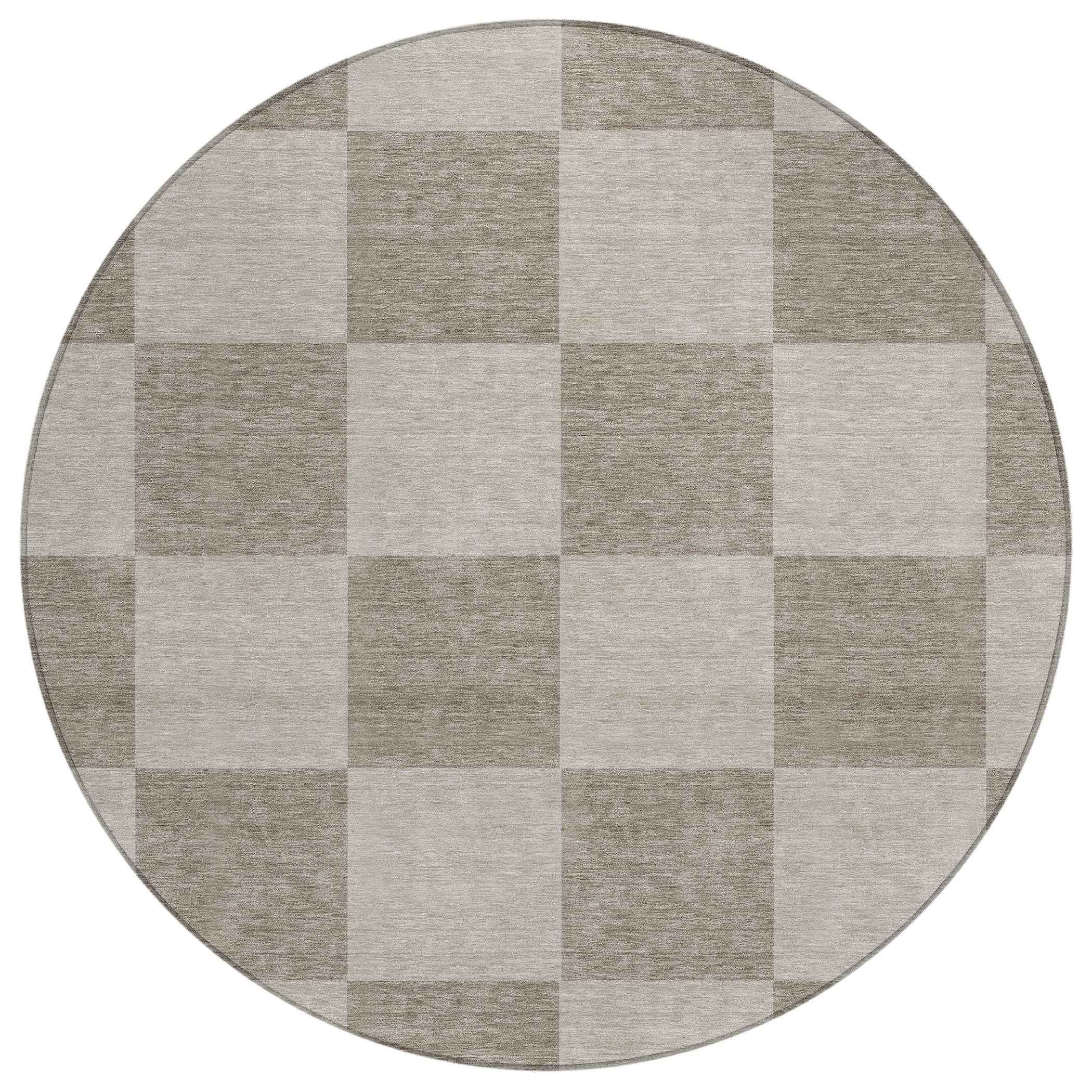 8' Khaki And Taupe Round Geometric Washable Indoor Outdoor Area Rug