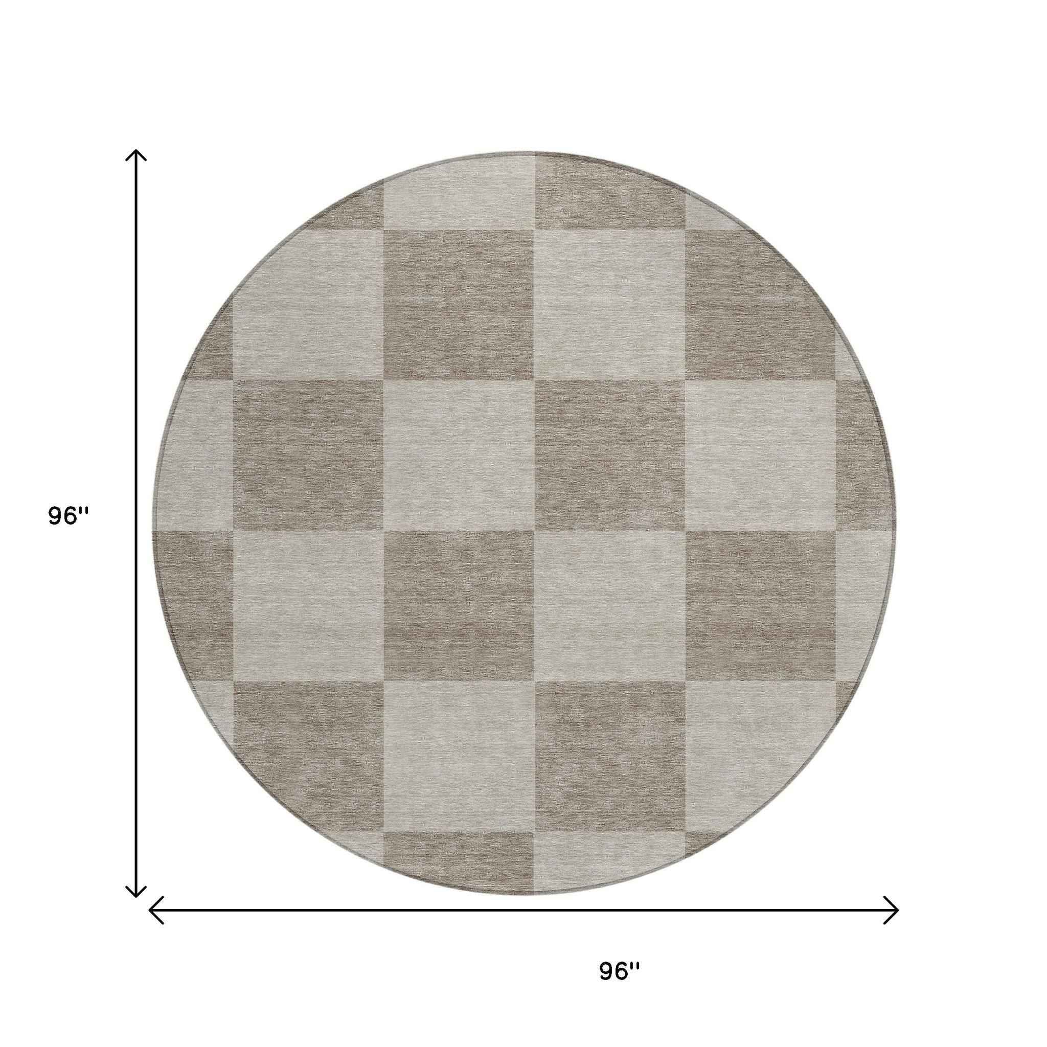 8' Khaki And Taupe Round Geometric Washable Indoor Outdoor Area Rug