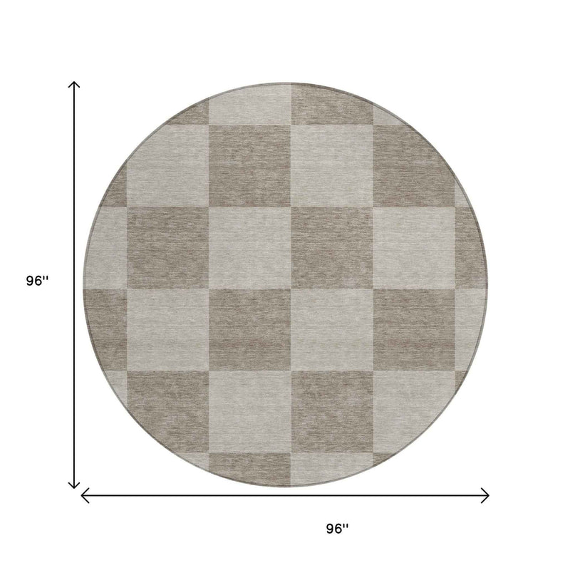 8' Khaki And Taupe Round Geometric Washable Indoor Outdoor Area Rug