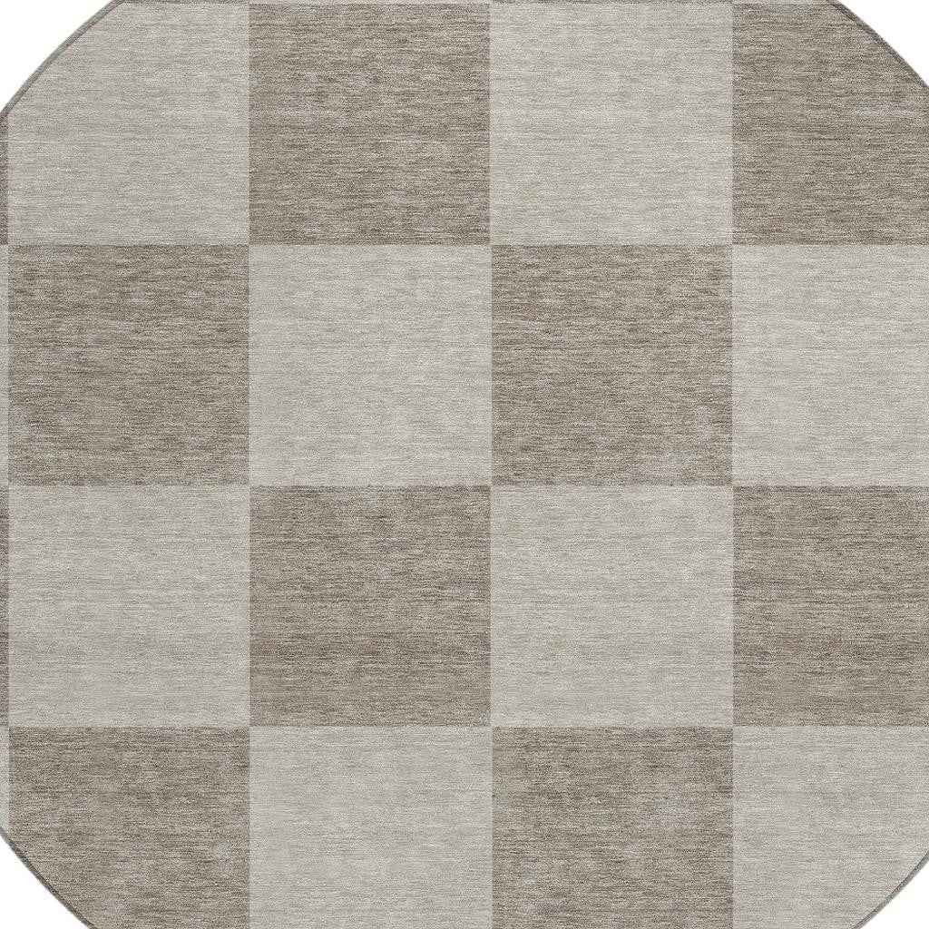 8' Khaki And Taupe Round Geometric Washable Indoor Outdoor Area Rug