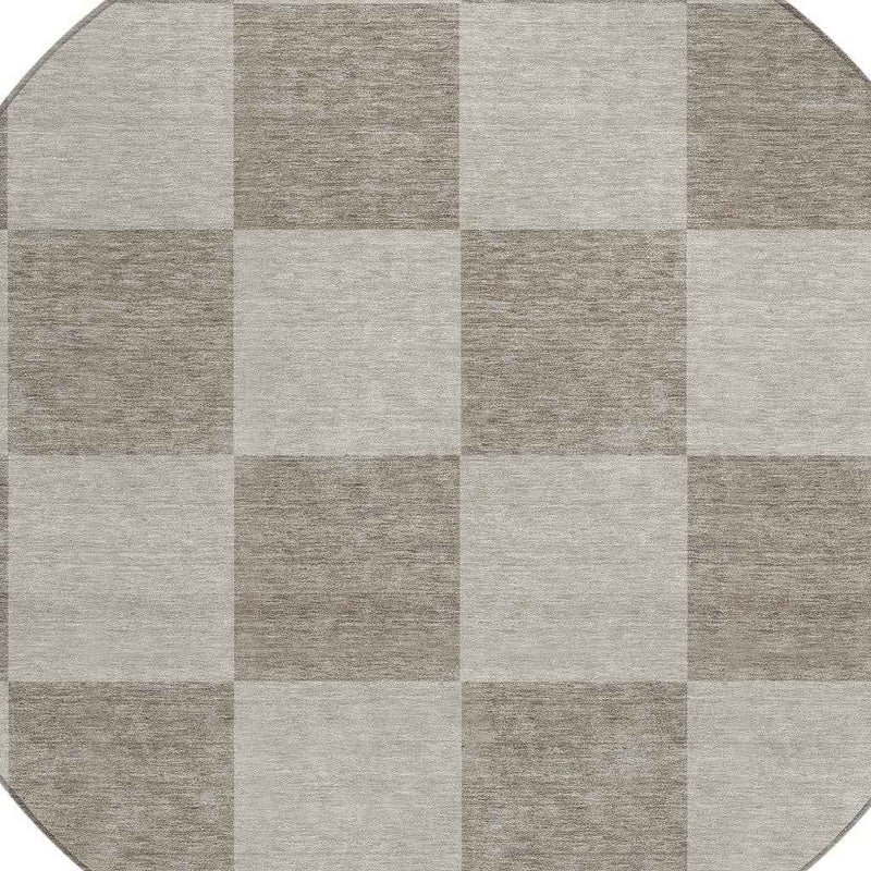 8' Khaki And Taupe Round Geometric Washable Indoor Outdoor Area Rug