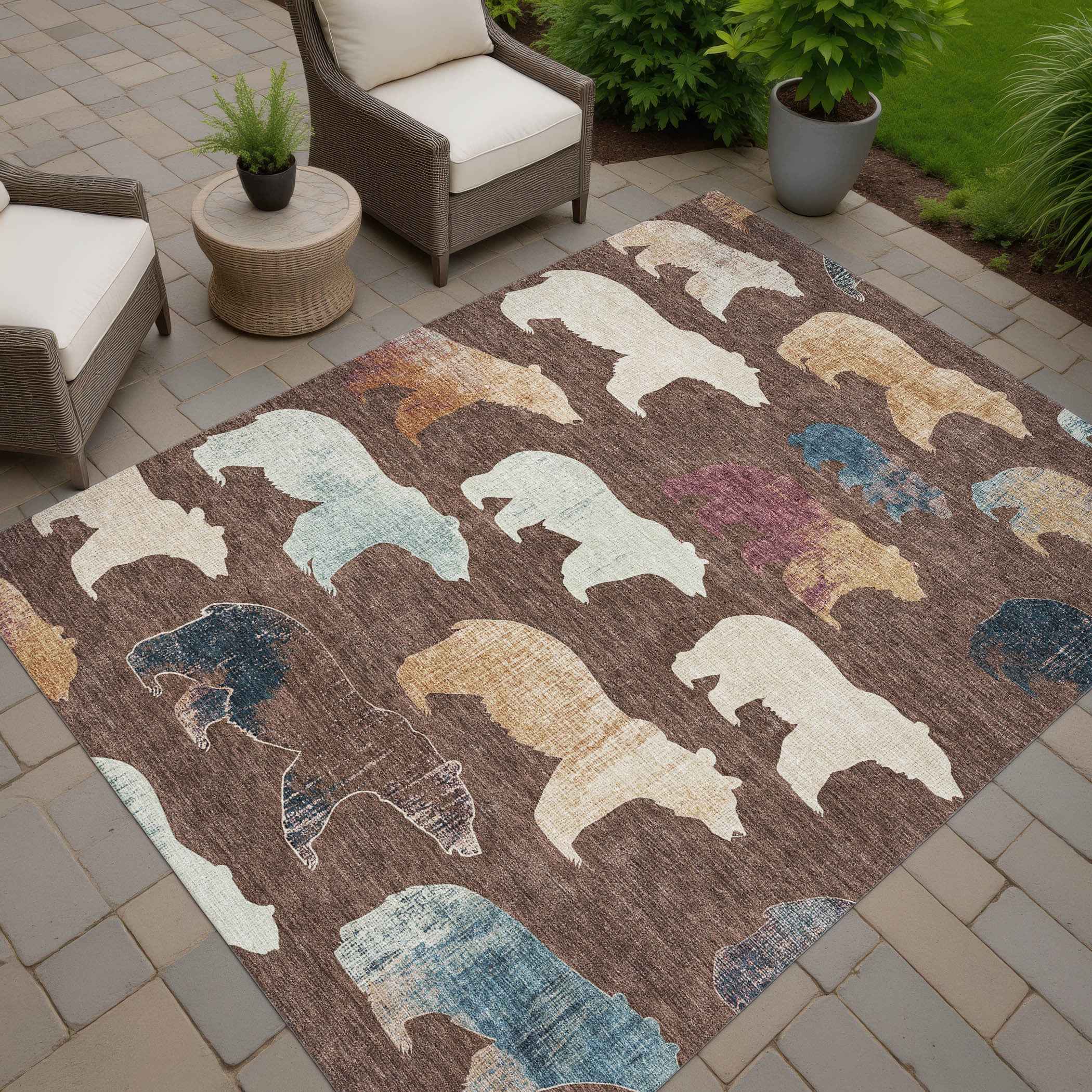 5' X 8' Chocolate Ivory And Blue Animal Print Washable Indoor Outdoor Area Rug