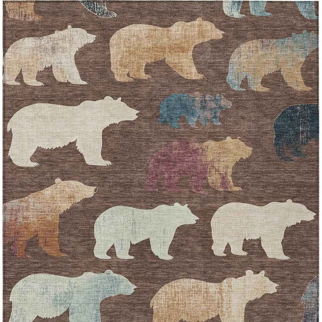 5' X 8' Chocolate Ivory And Blue Animal Print Washable Indoor Outdoor Area Rug