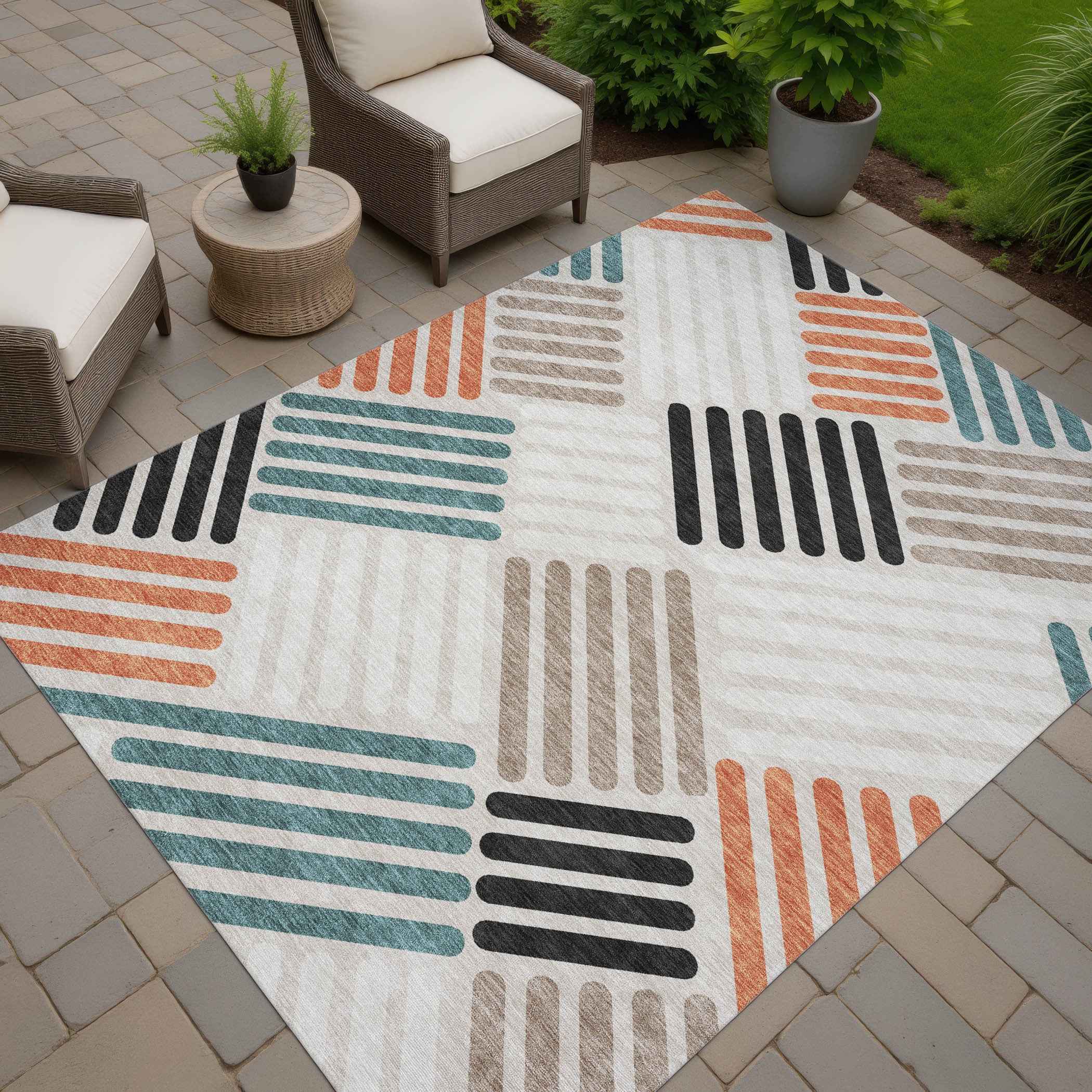 10' X 14' Sand Ivory And Black Geometric Washable Indoor Outdoor Area Rug