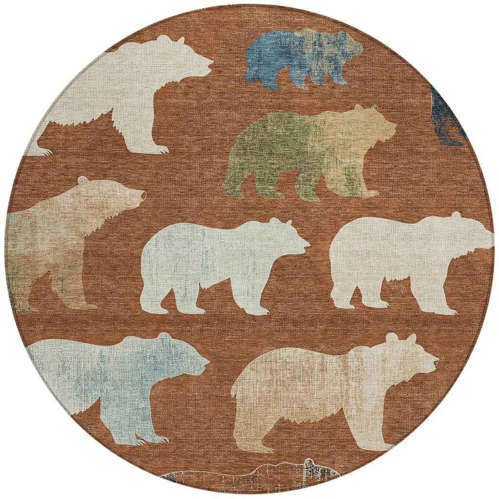 8' Chili Red Ivory And Beige Round Animal Print Washable Indoor Outdoor Area Rug