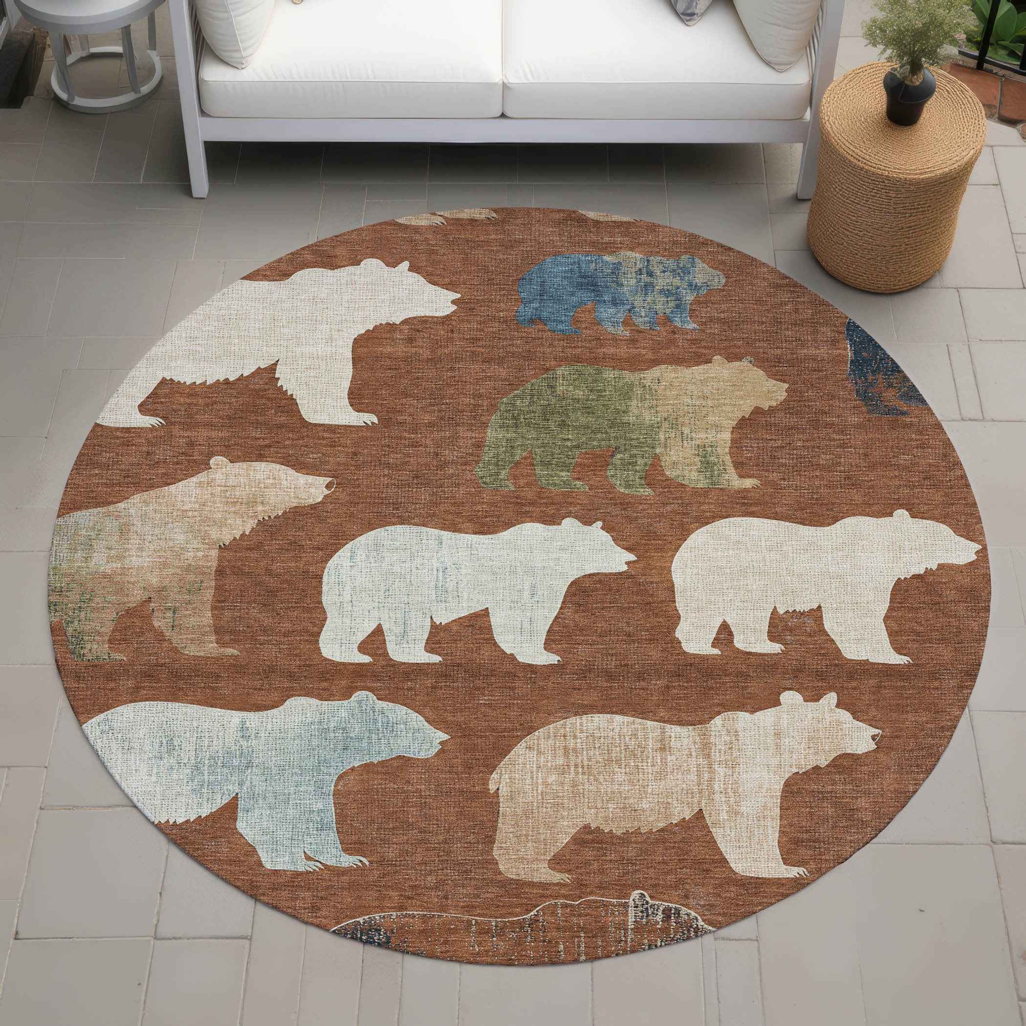 8' Chili Red Ivory And Beige Round Animal Print Washable Indoor Outdoor Area Rug
