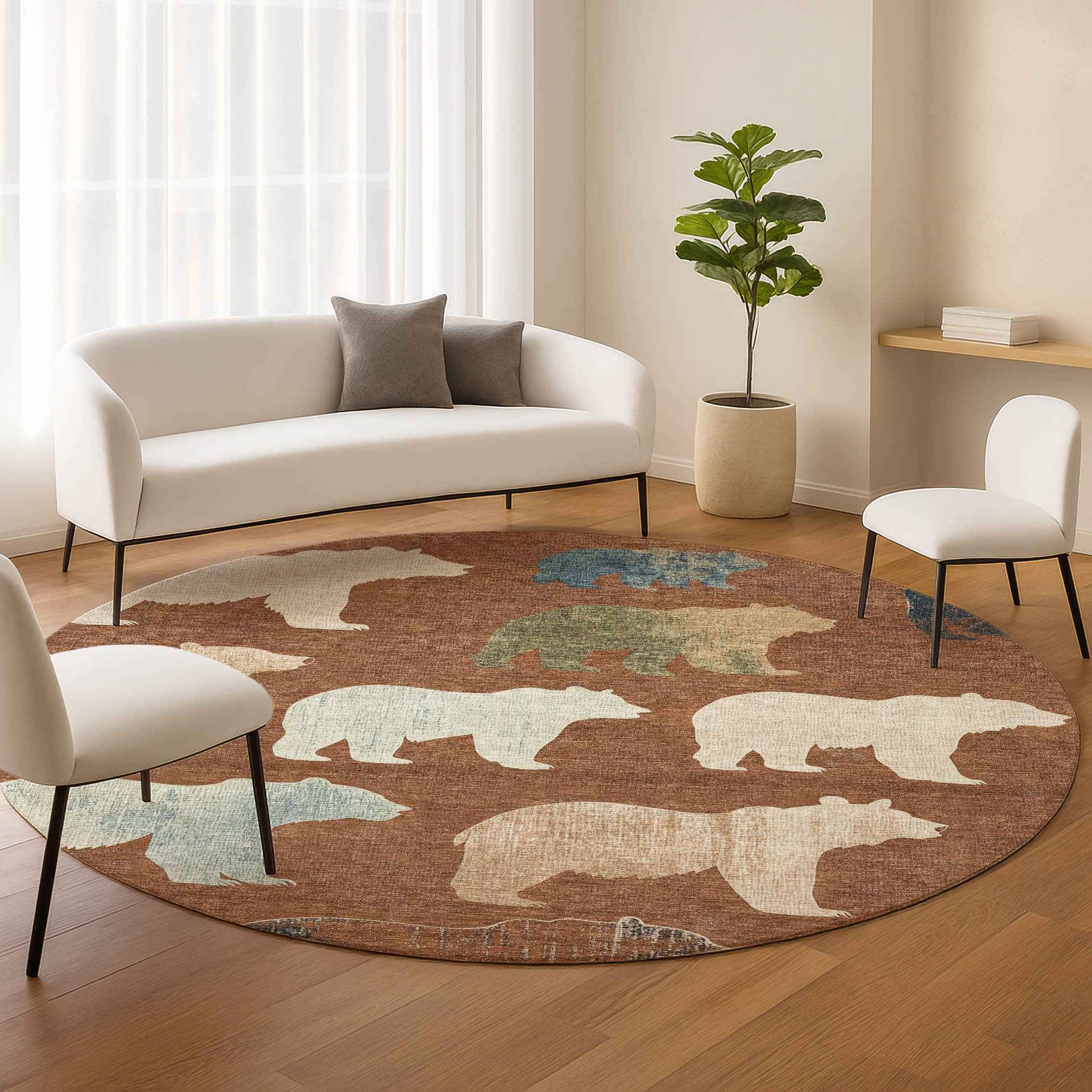 8' Chili Red Ivory And Beige Round Animal Print Washable Indoor Outdoor Area Rug