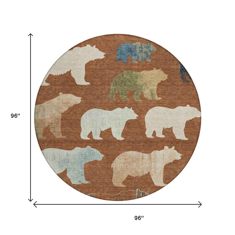 8' Chili Red Ivory And Beige Round Animal Print Washable Indoor Outdoor Area Rug