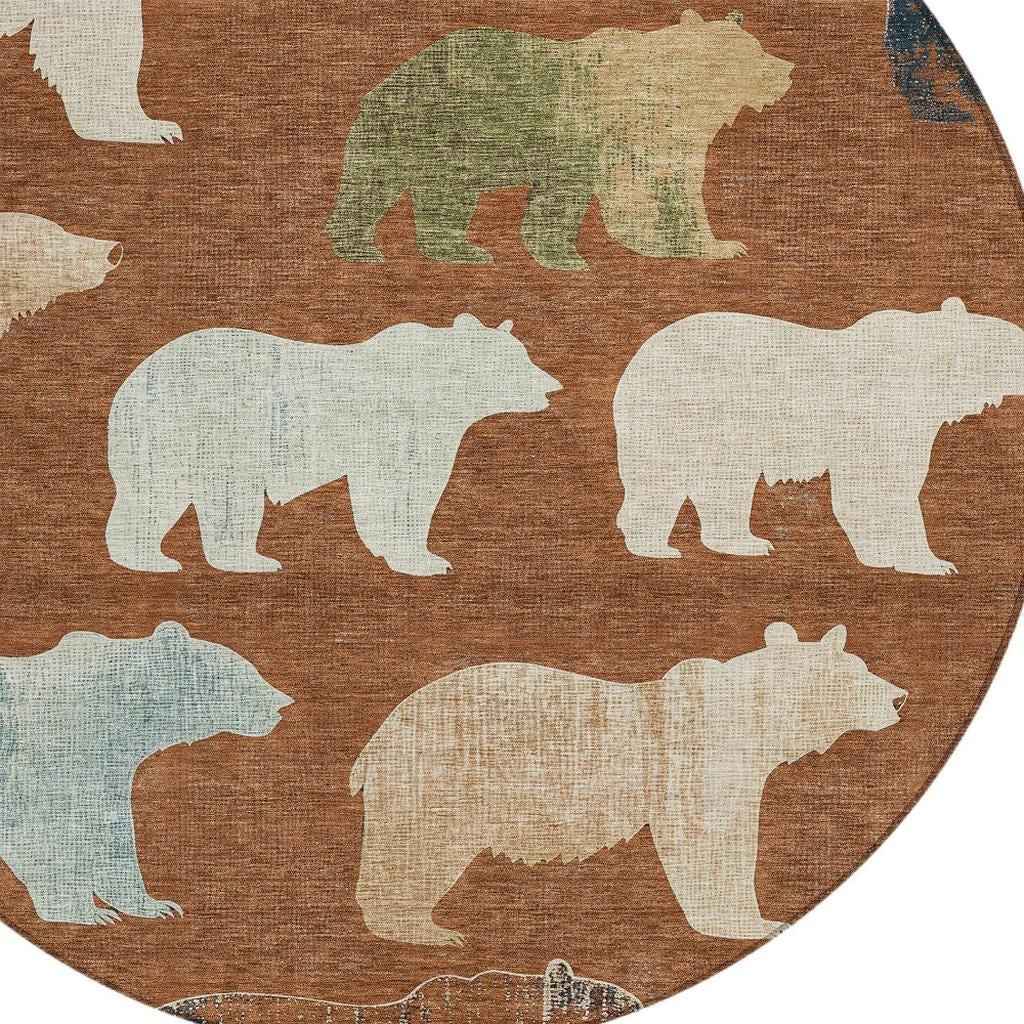 8' Chili Red Ivory And Beige Round Animal Print Washable Indoor Outdoor Area Rug