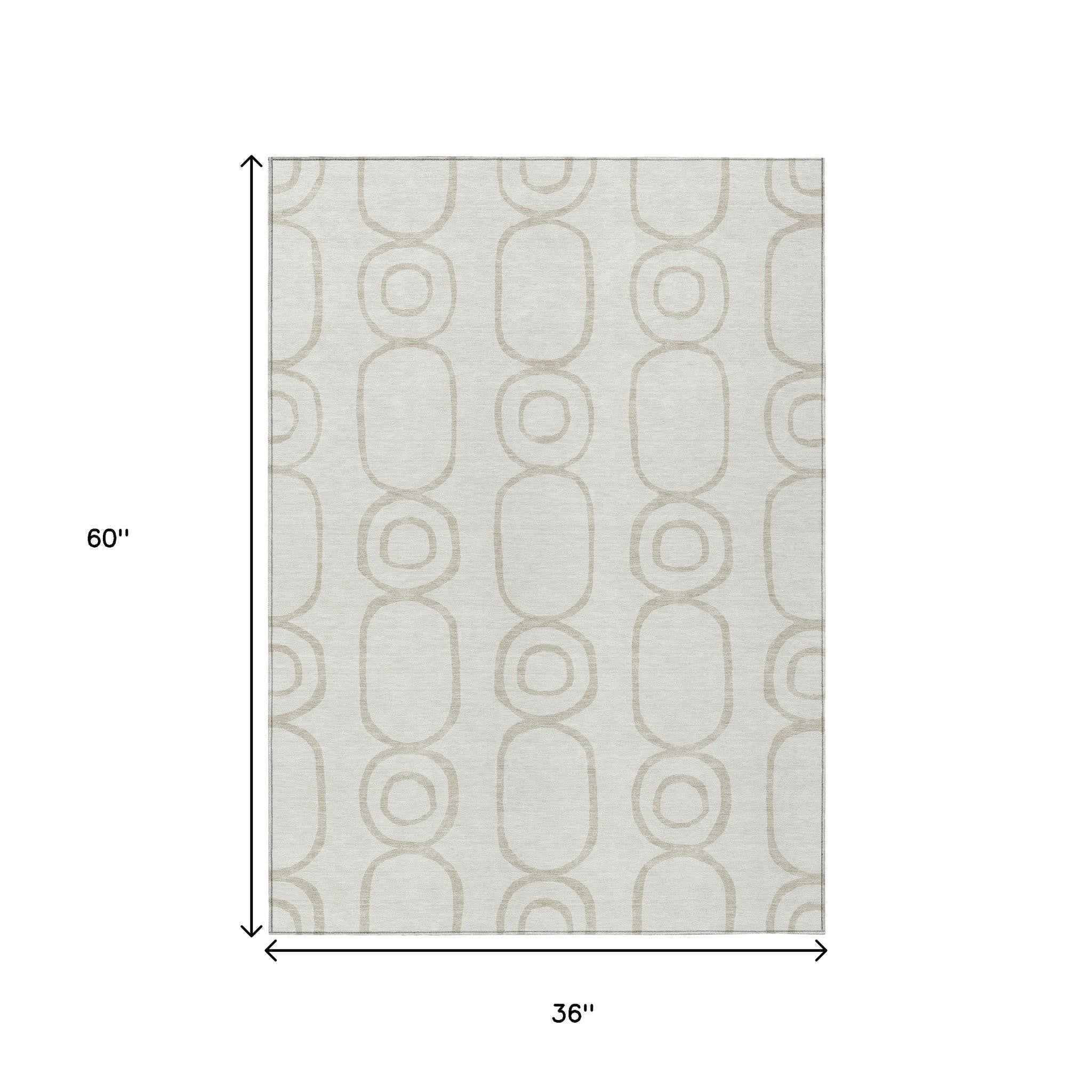 3' X 5' Ivory And Beige Geometric Washable Indoor Outdoor Area Rug