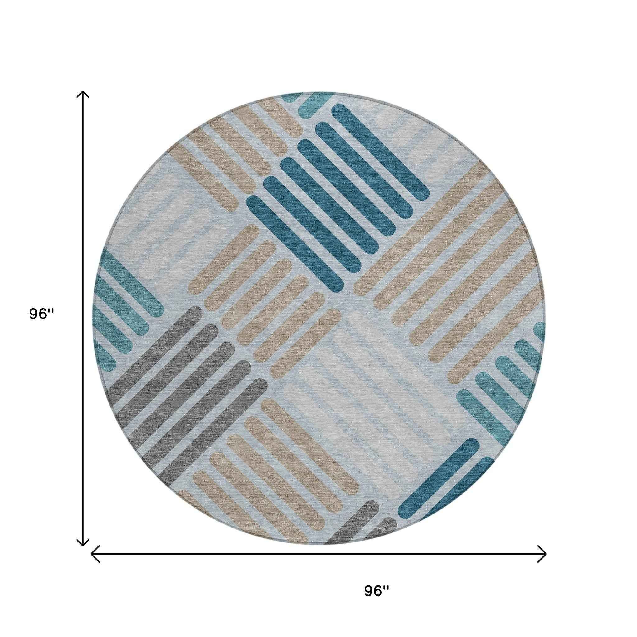 8' Teal Blue Wheat And Gray Round Geometric Washable Indoor Outdoor Area Rug
