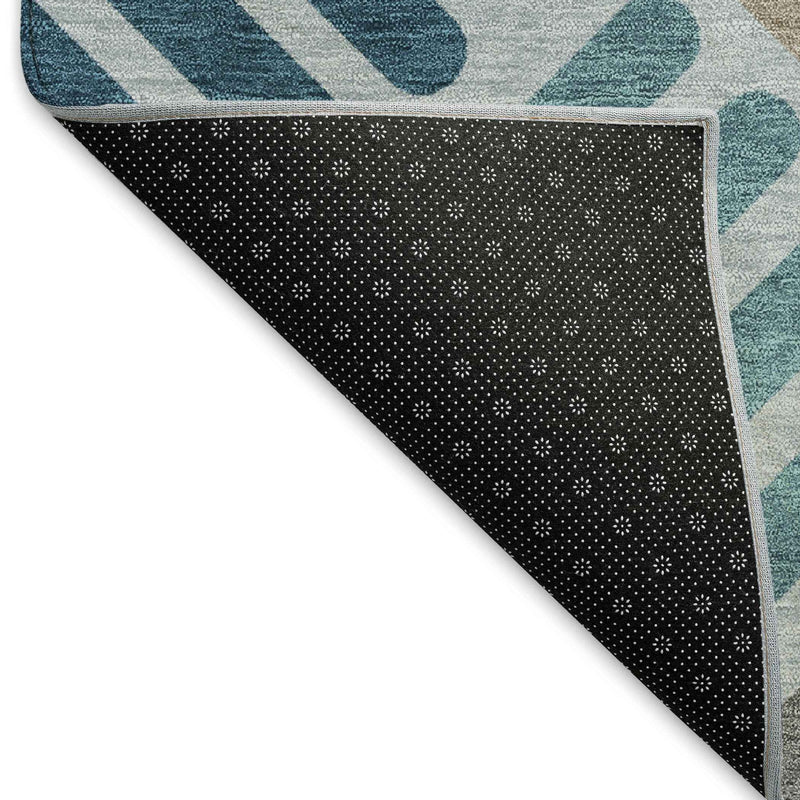 8' Teal Blue Wheat And Gray Round Geometric Washable Indoor Outdoor Area Rug