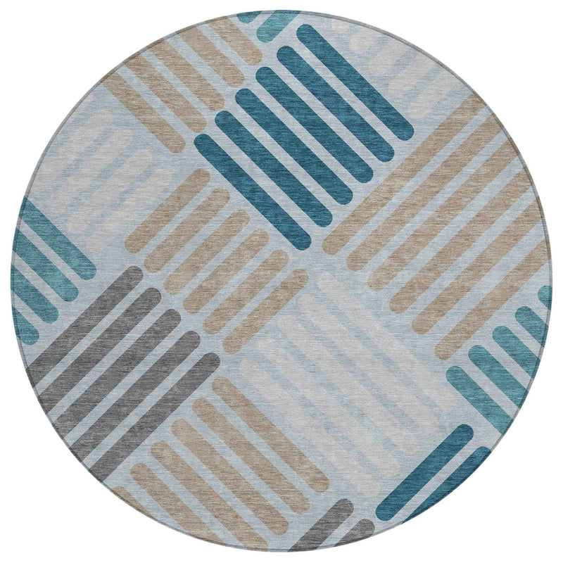 8' Teal Blue Wheat And Gray Round Geometric Washable Indoor Outdoor Area Rug
