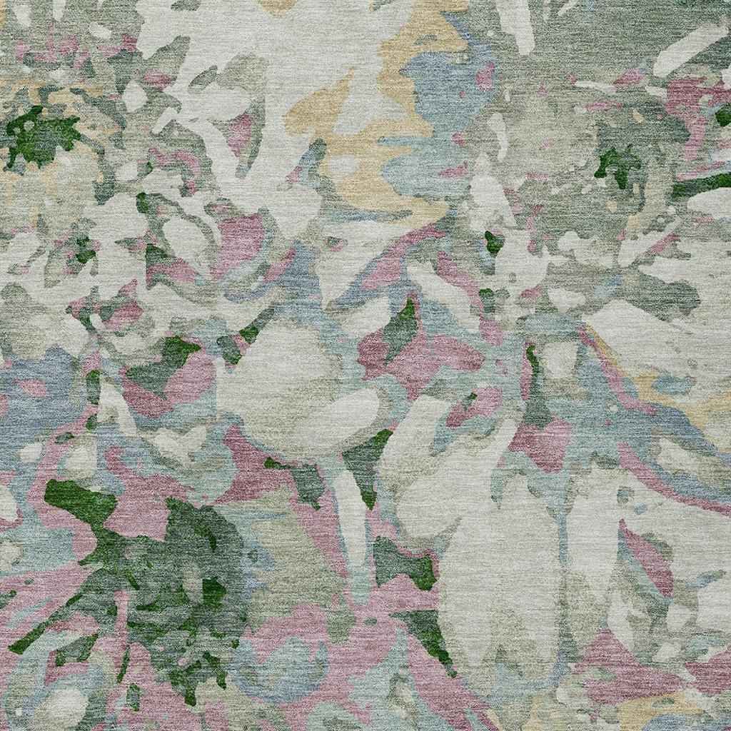 10' X 14' Sage Gold And Emerald Floral Washable Indoor Outdoor Area Rug