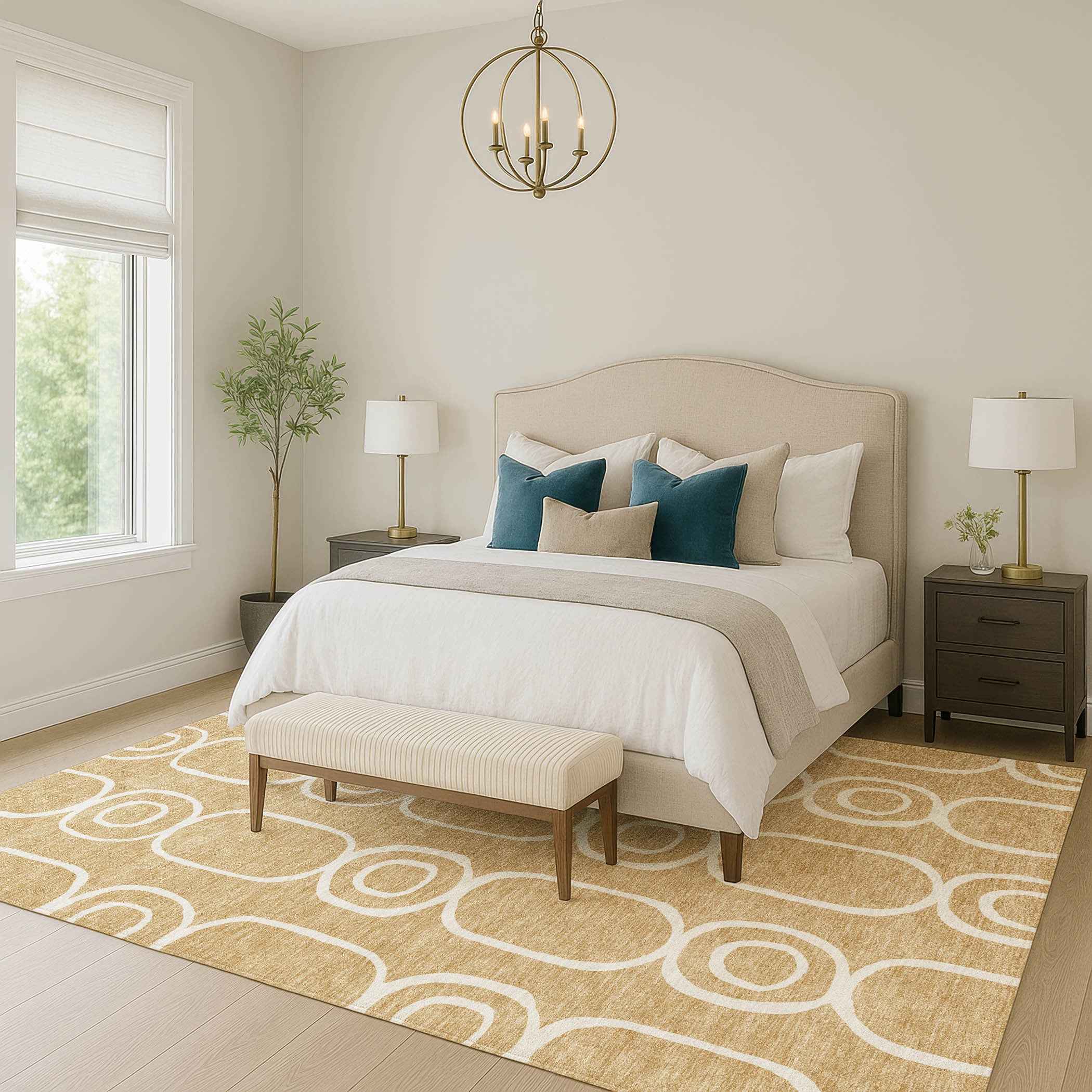 10' X 14' Gold And Ivory Geometric Washable Indoor Outdoor Area Rug