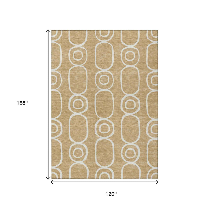 10' X 14' Gold And Ivory Geometric Washable Indoor Outdoor Area Rug