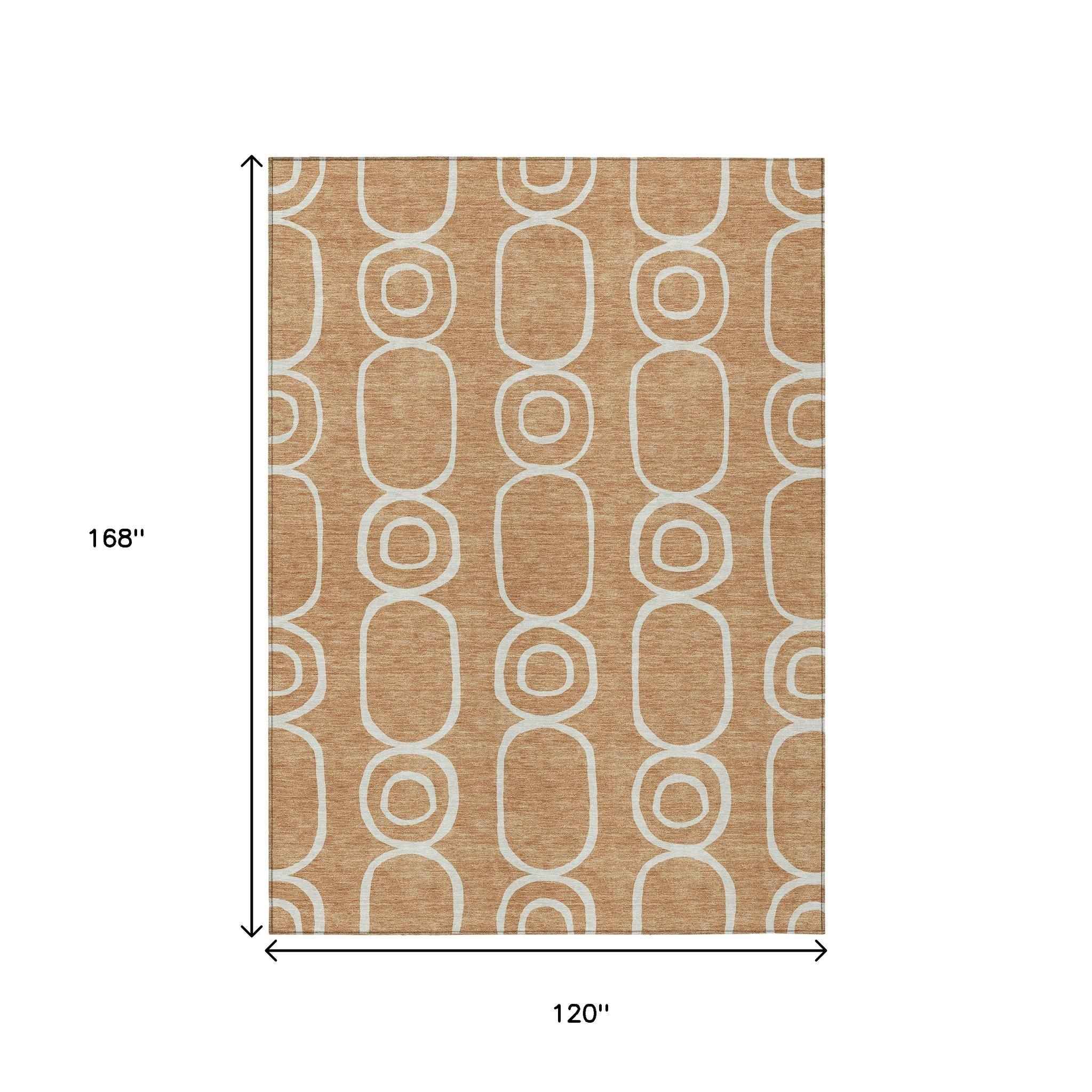 10' X 14' Rust And Ivory Geometric Washable Indoor Outdoor Area Rug
