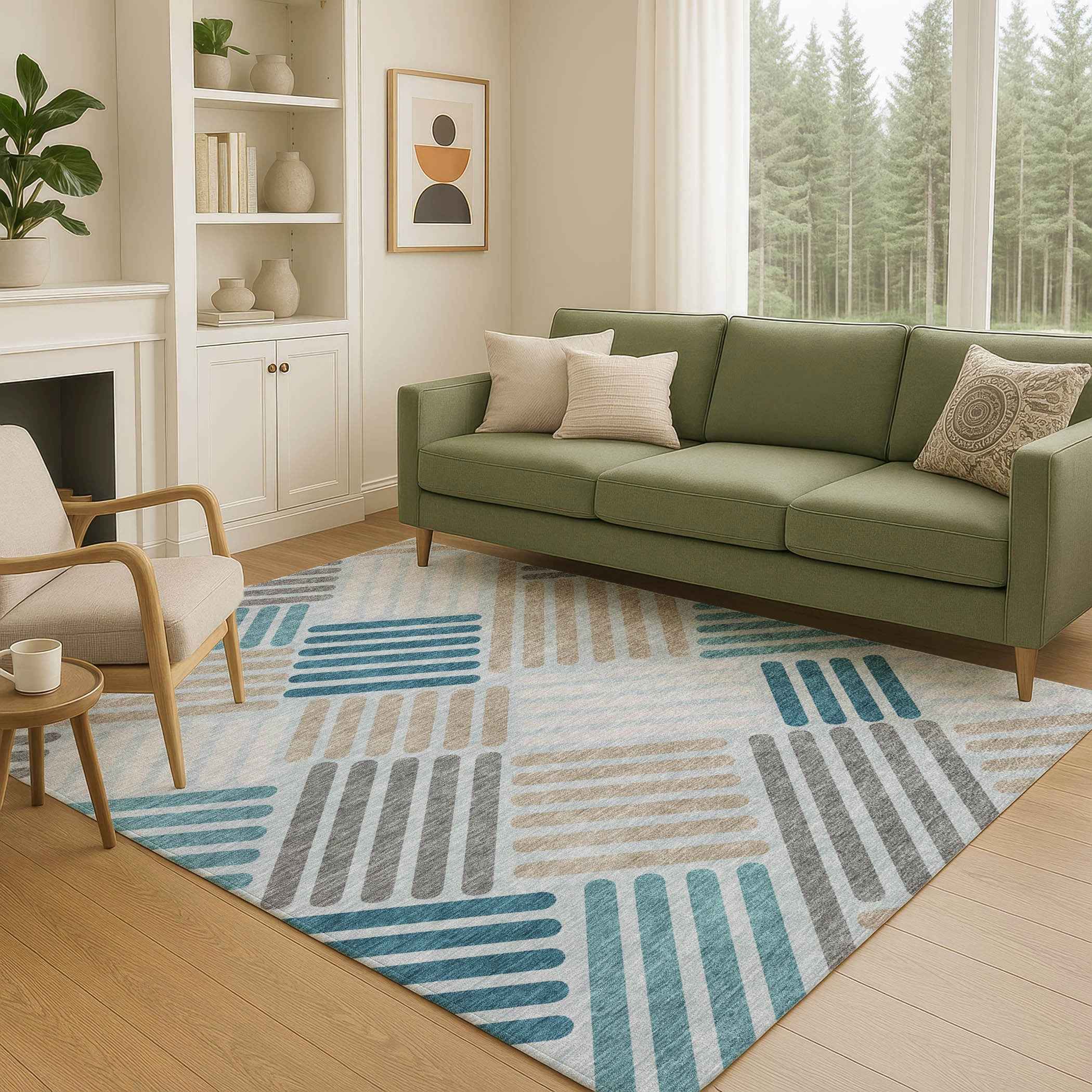 10' X 14' Teal Blue Wheat And Gray Geometric Washable Indoor Outdoor Area Rug