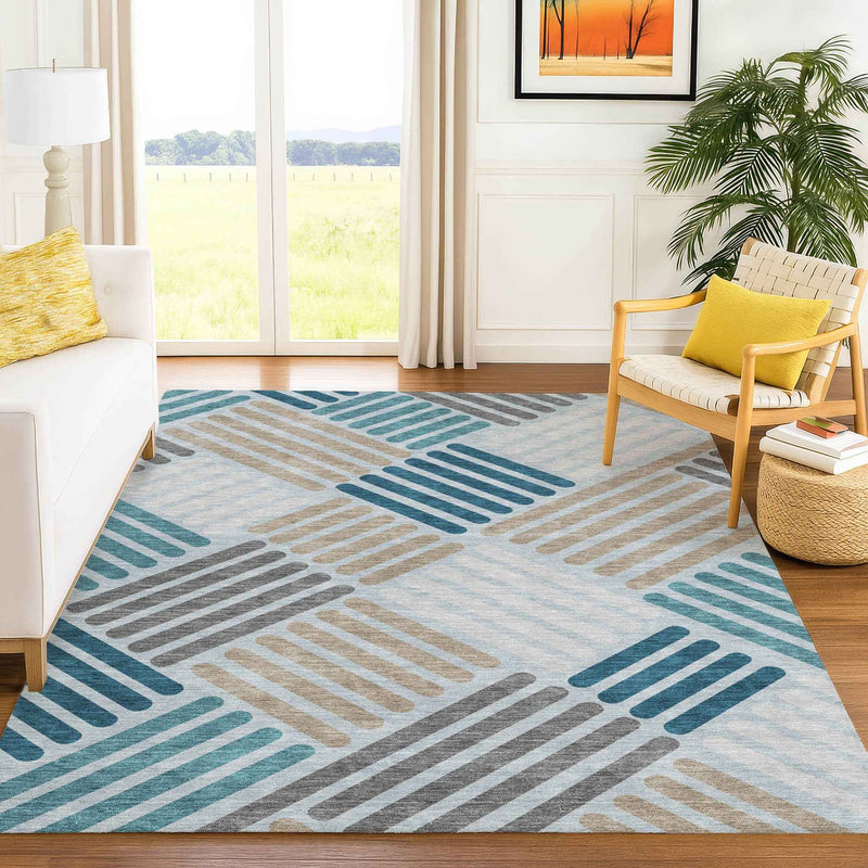 10' X 14' Teal Blue Wheat And Gray Geometric Washable Indoor Outdoor Area Rug