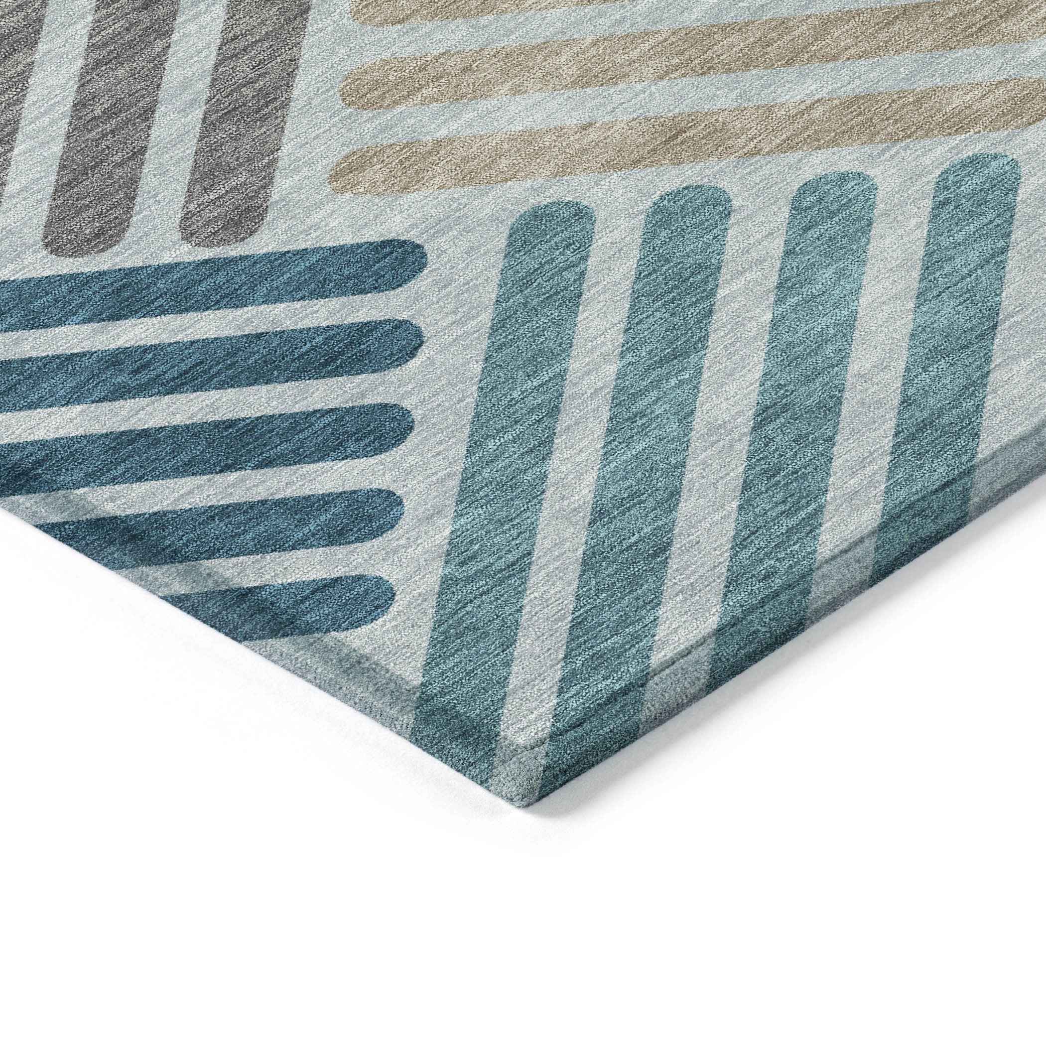 10' X 14' Teal Blue Wheat And Gray Geometric Washable Indoor Outdoor Area Rug