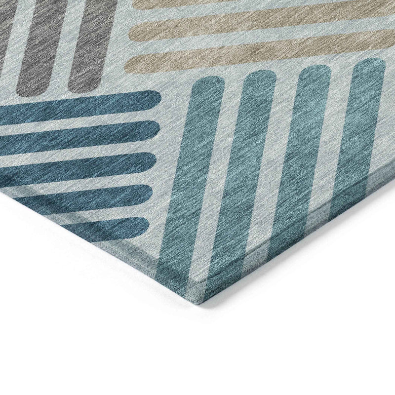 10' X 14' Teal Blue Wheat And Gray Geometric Washable Indoor Outdoor Area Rug