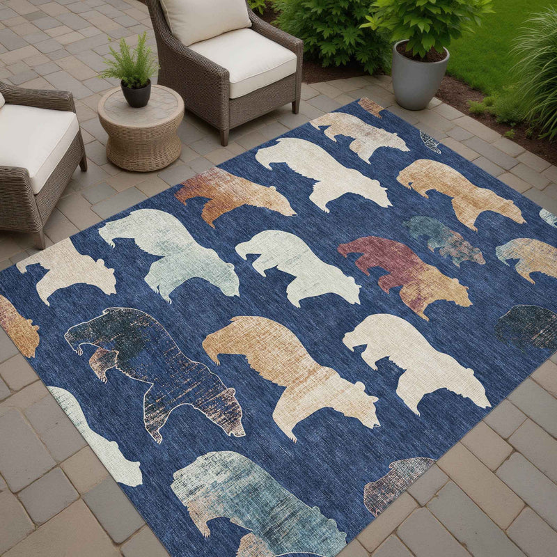 3' X 5' Navy Blue Ivory And Beige Animal Print Washable Indoor Outdoor Area Rug