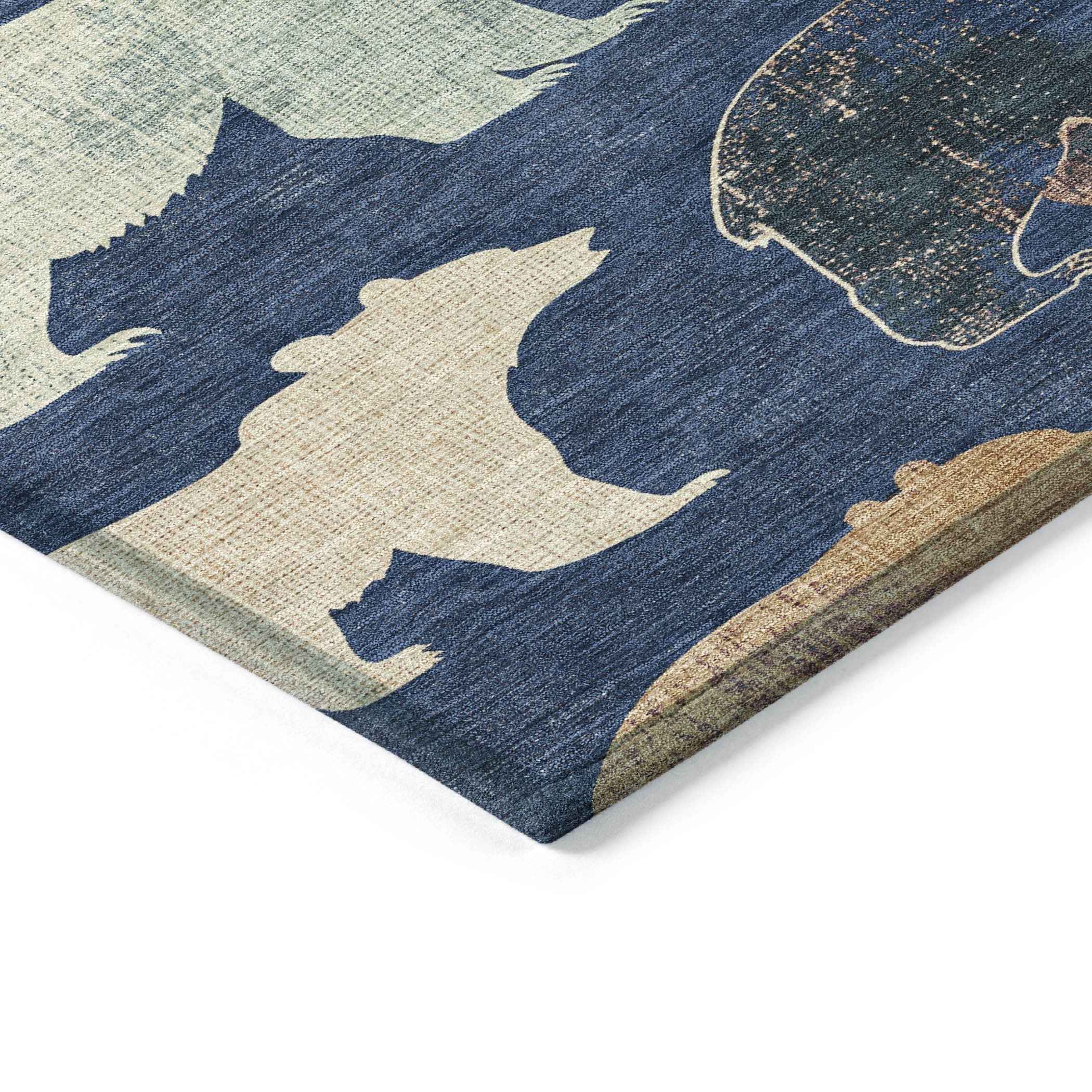 3' X 5' Navy Blue Ivory And Beige Animal Print Washable Indoor Outdoor Area Rug