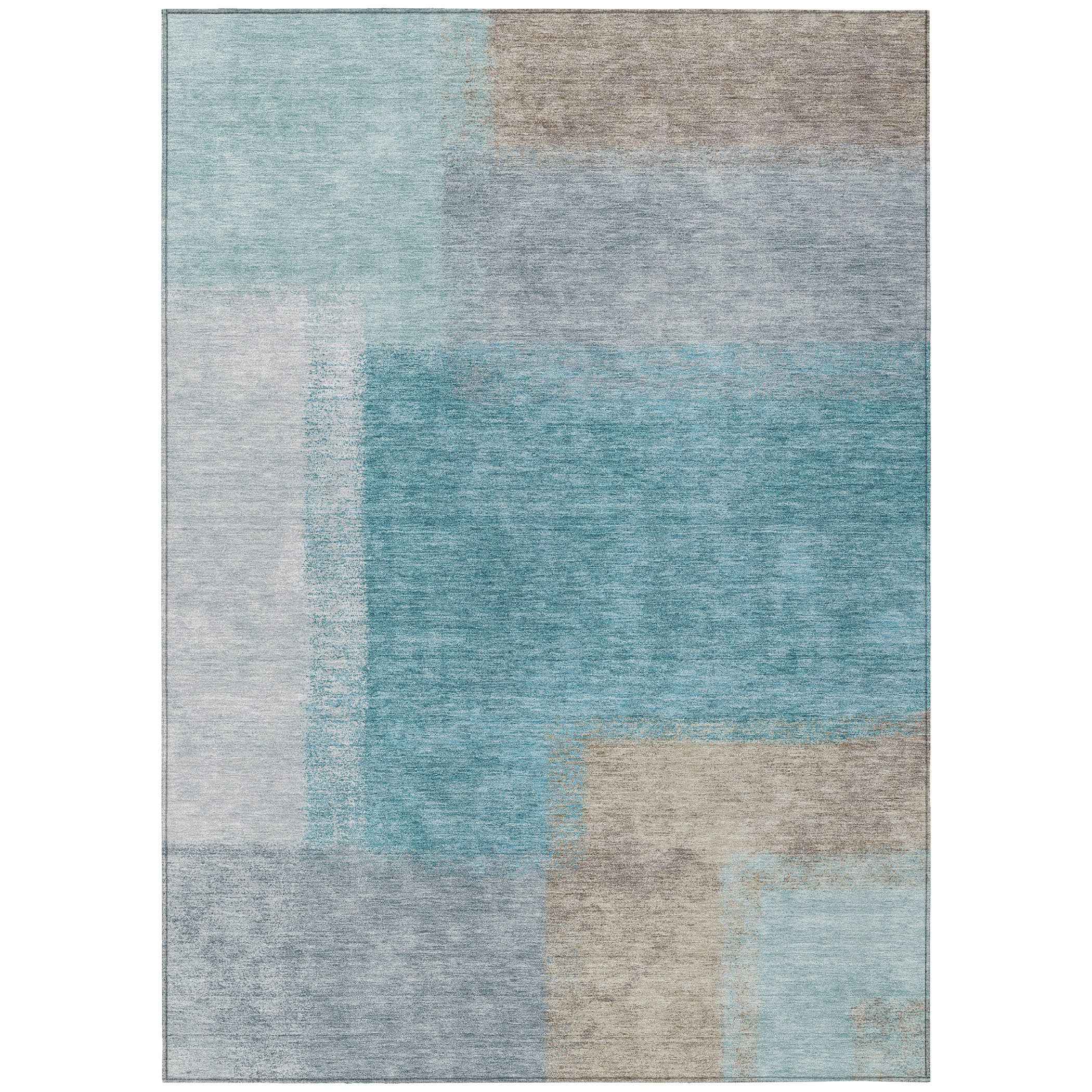 10' X 14' Teal Blue Ivory And Gray Abstract Washable Indoor Outdoor Area Rug