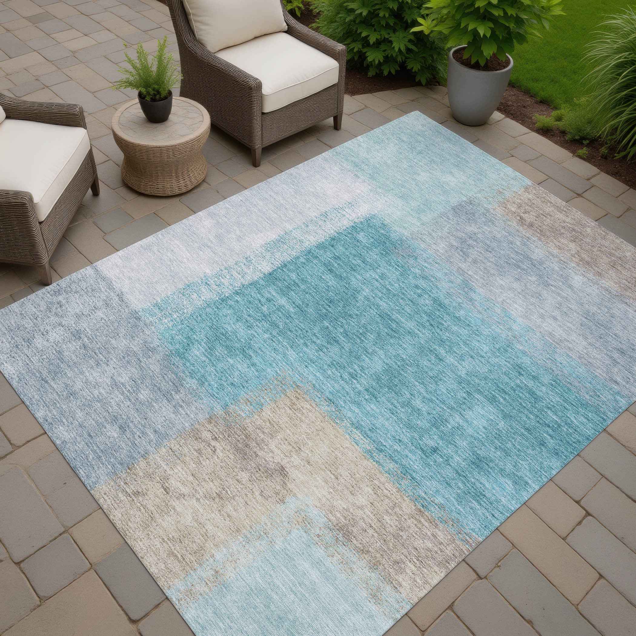 10' X 14' Teal Blue Ivory And Gray Abstract Washable Indoor Outdoor Area Rug