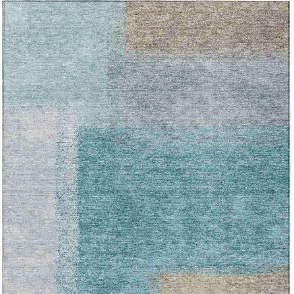 10' X 14' Teal Blue Ivory And Gray Abstract Washable Indoor Outdoor Area Rug