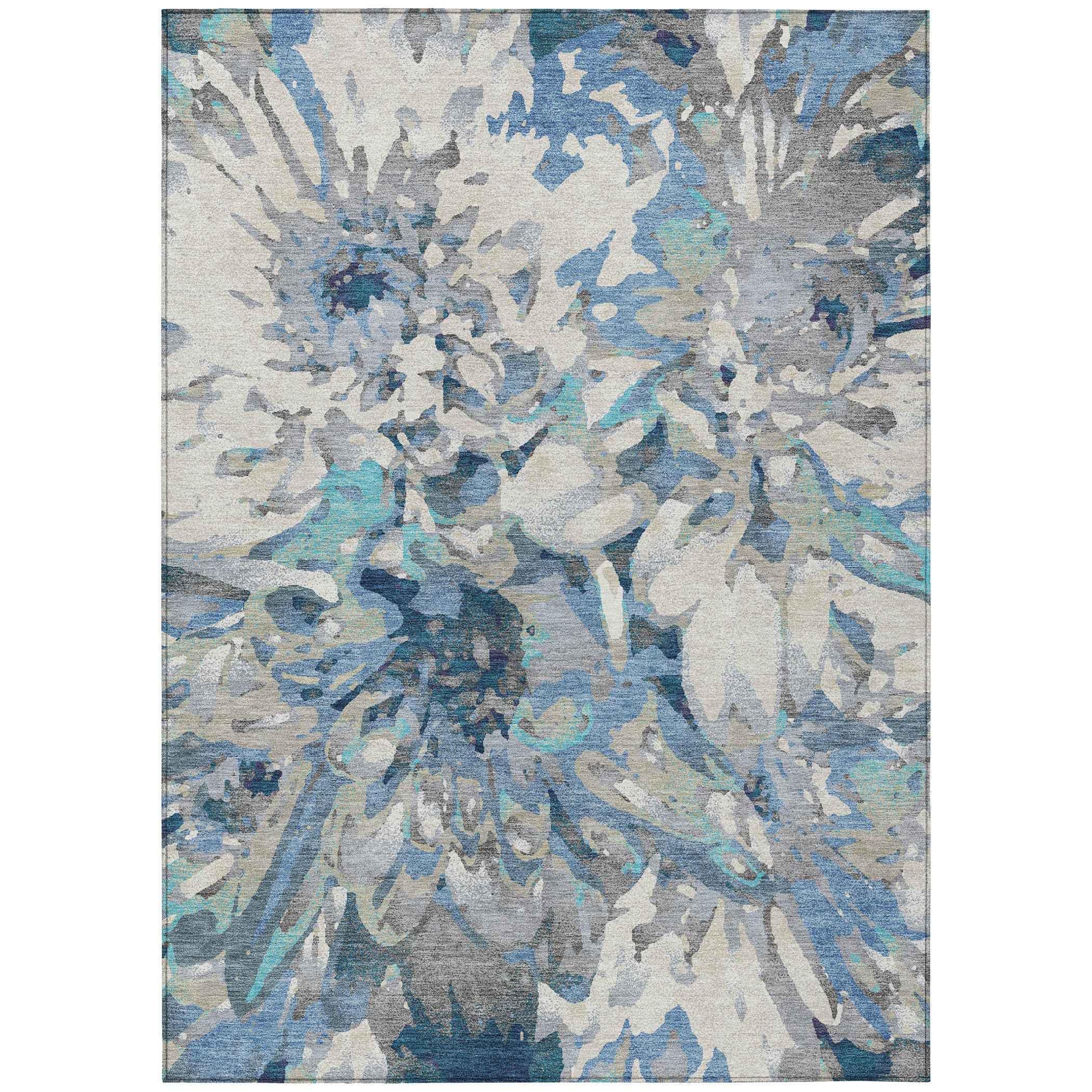 8' X 10' Denim Blue Gray And Ivory Floral Washable Indoor Outdoor Area Rug