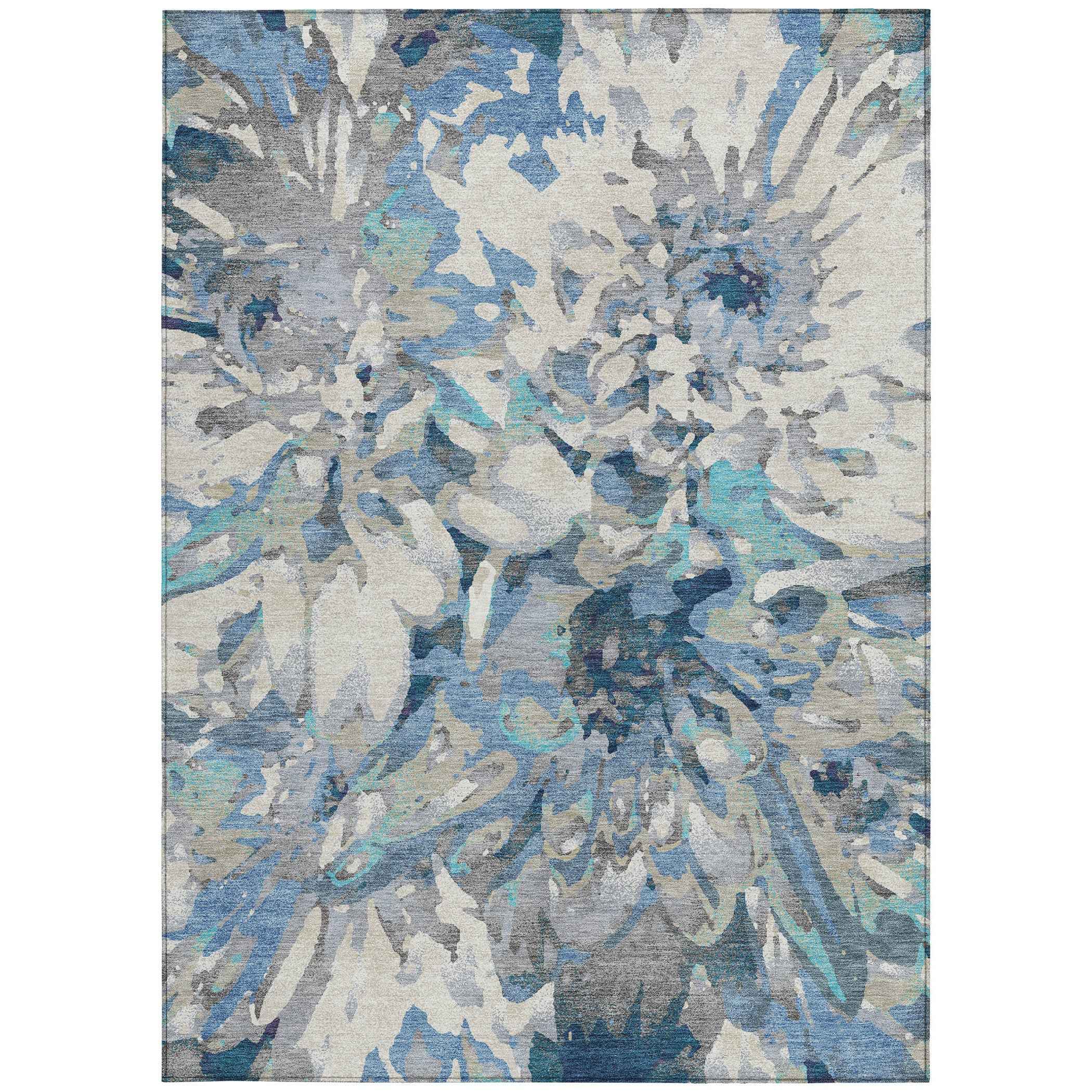 8' X 10' Denim Blue Gray And Ivory Floral Washable Indoor Outdoor Area Rug