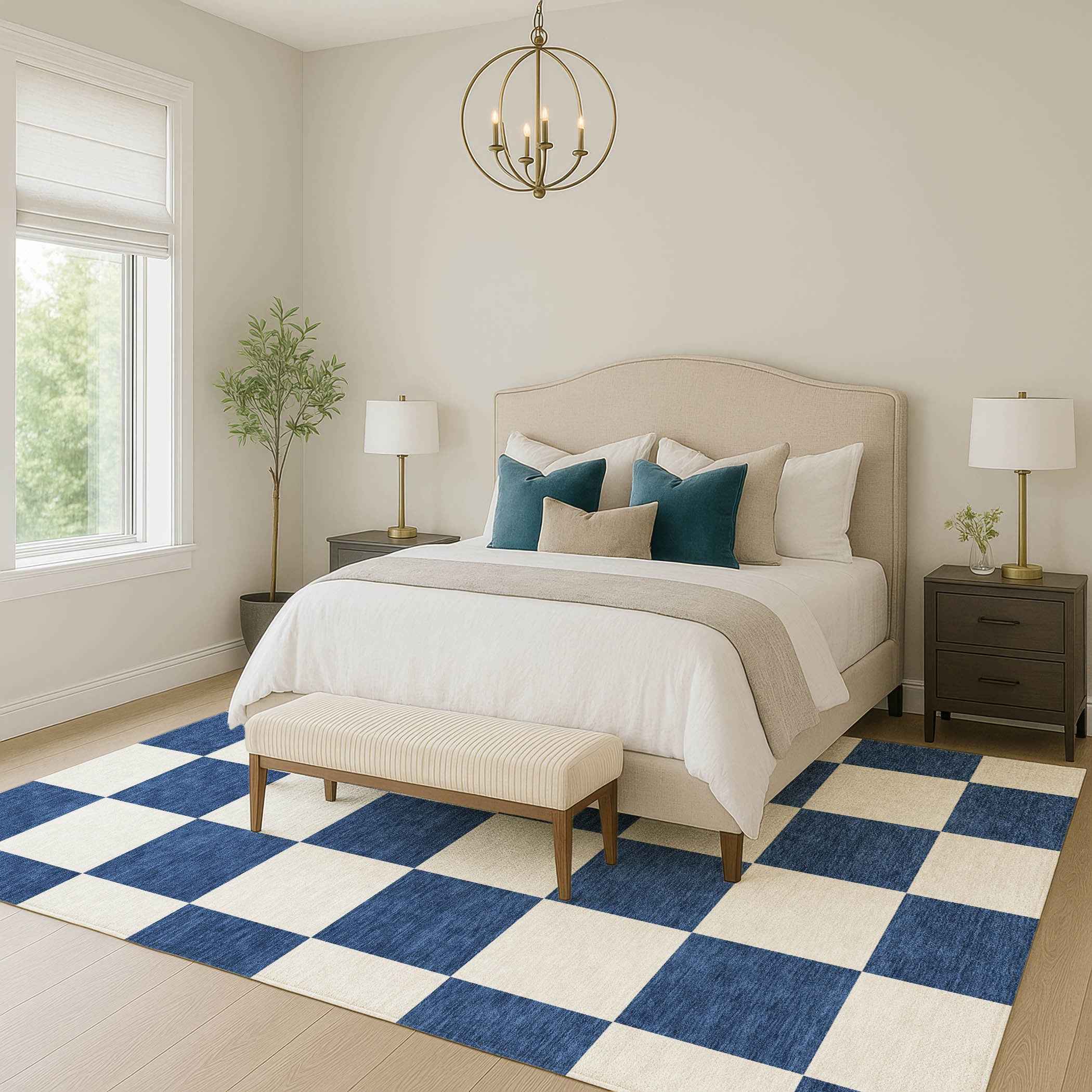 3' X 5' Navy Blue And Ivory Geometric Washable Indoor Outdoor Area Rug