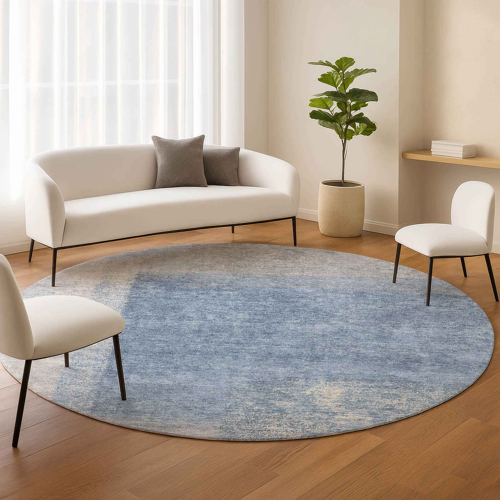 8' Denim Blue Ivory And Gray Round Abstract Washable Indoor Outdoor Area Rug