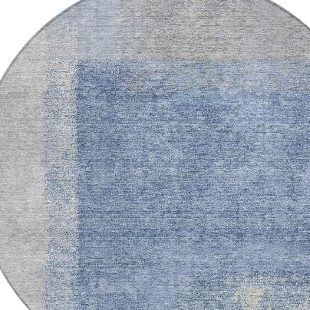 8' Denim Blue Ivory And Gray Round Abstract Washable Indoor Outdoor Area Rug