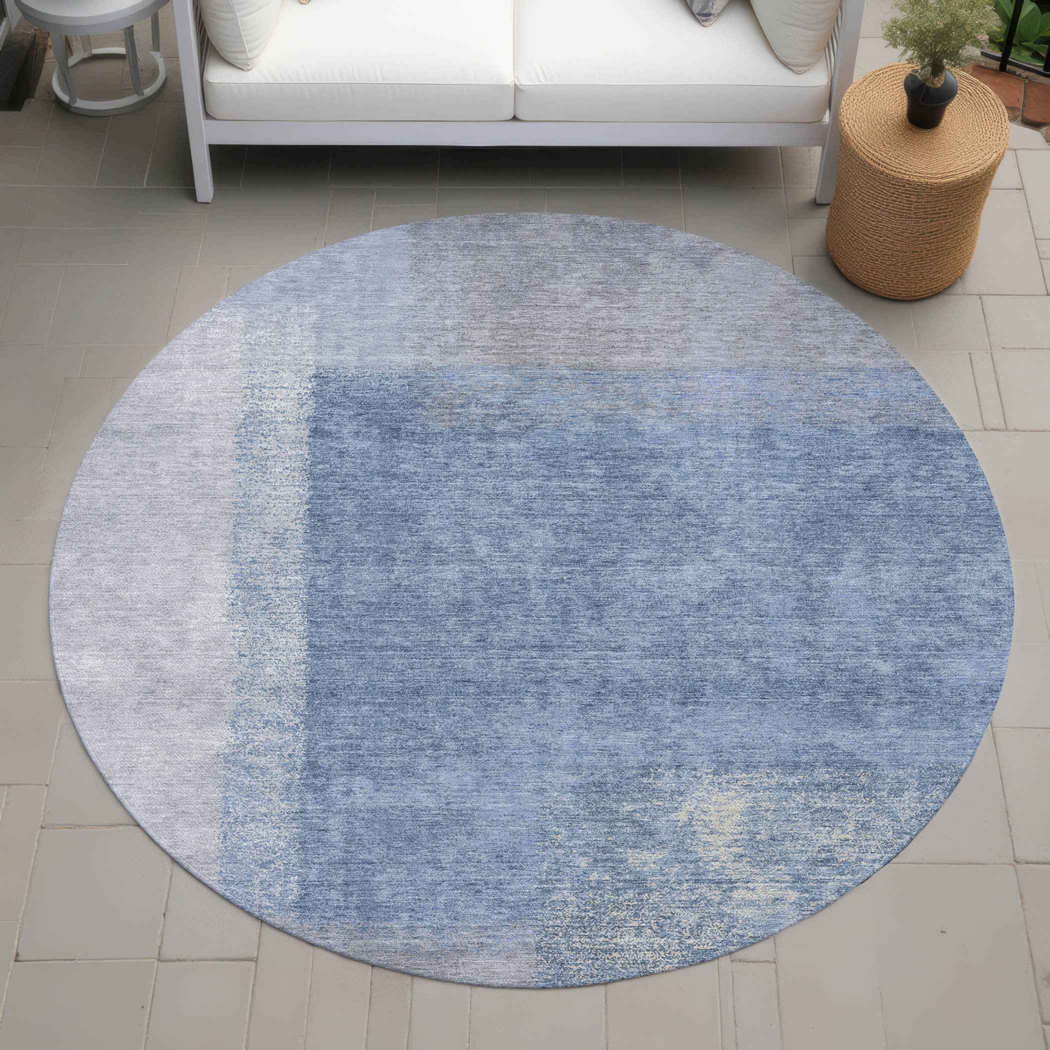 8' Denim Blue Ivory And Gray Round Abstract Washable Indoor Outdoor Area Rug