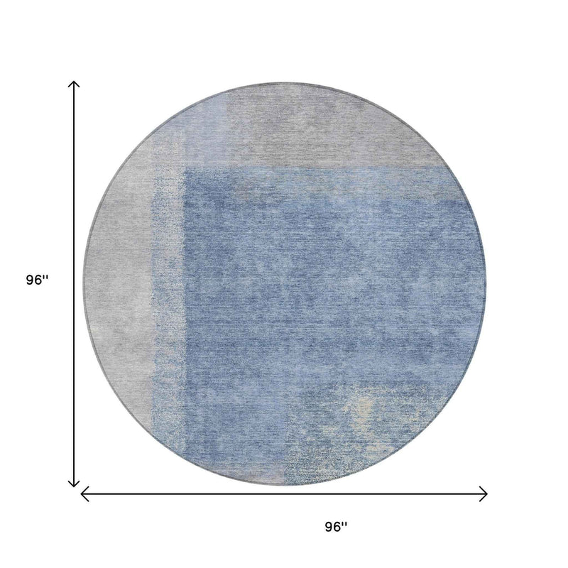 8' Denim Blue Ivory And Gray Round Abstract Washable Indoor Outdoor Area Rug