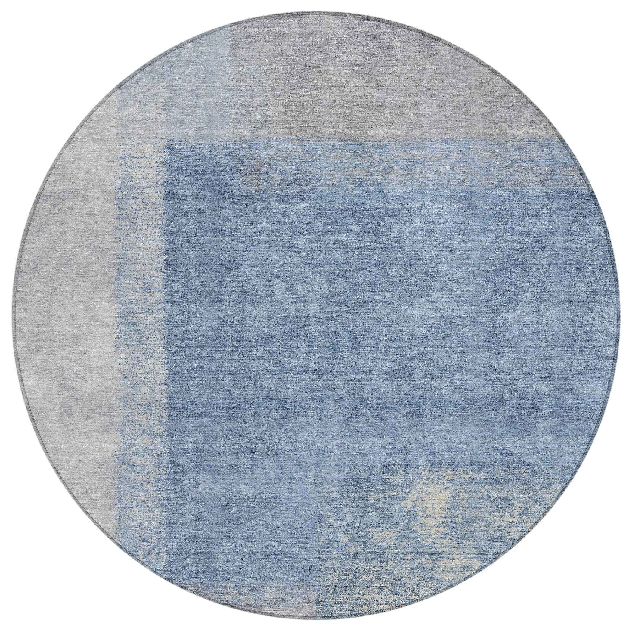 8' Denim Blue Ivory And Gray Round Abstract Washable Indoor Outdoor Area Rug