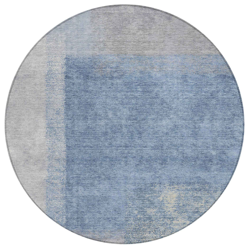 8' Denim Blue Ivory And Gray Round Abstract Washable Indoor Outdoor Area Rug