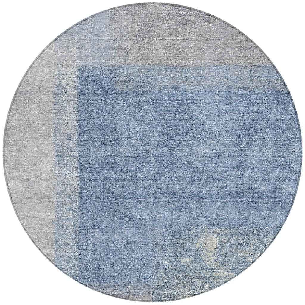 8' Denim Blue Ivory And Gray Round Abstract Washable Indoor Outdoor Area Rug