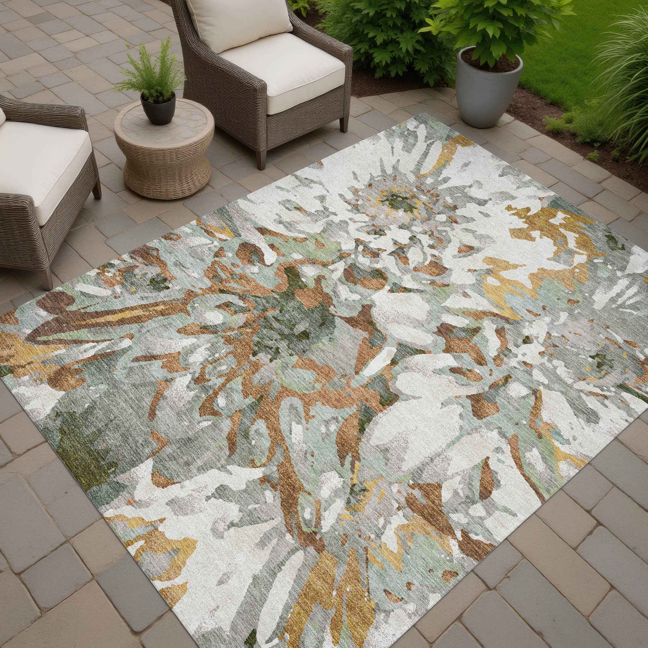 5' X 8' Copper Gray And Ivory Floral Washable Indoor Outdoor Area Rug