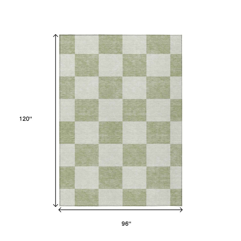 8' X 10' Artichoke Green And Ivory Geometric Washable Indoor Outdoor Area Rug