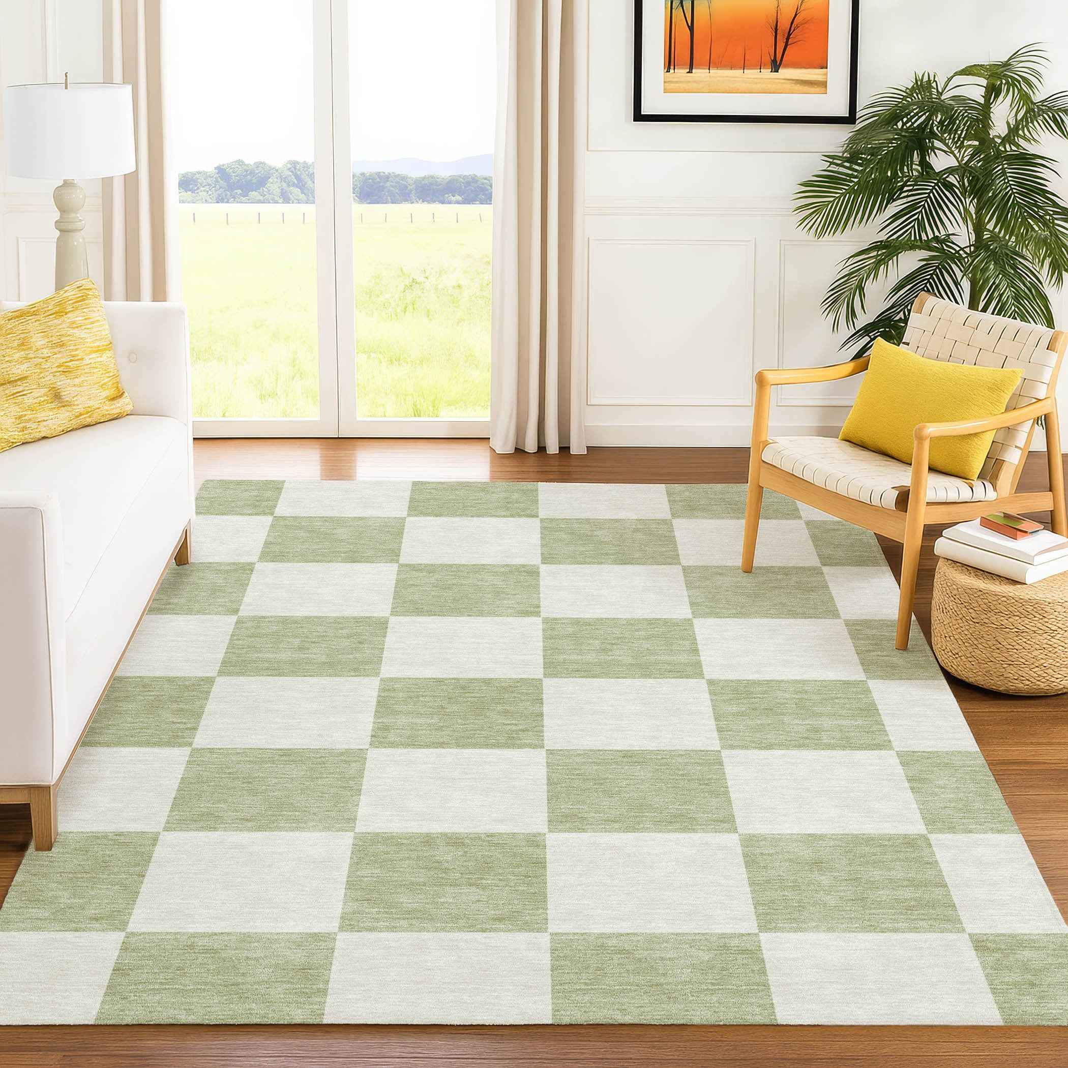 8' X 10' Artichoke Green And Ivory Geometric Washable Indoor Outdoor Area Rug