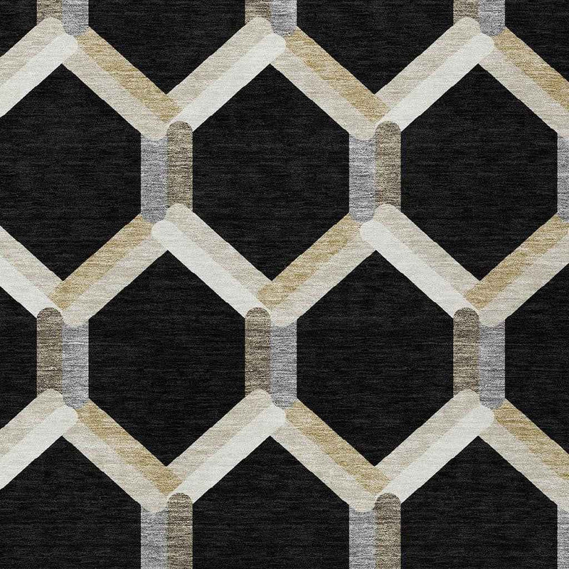 8' X 10' Black Ivory And Wheat Geometric Washable Indoor Outdoor Area Rug