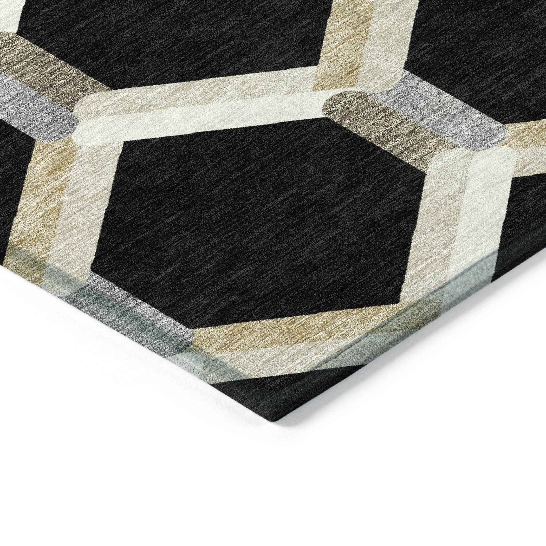 8' X 10' Black Ivory And Wheat Geometric Washable Indoor Outdoor Area Rug