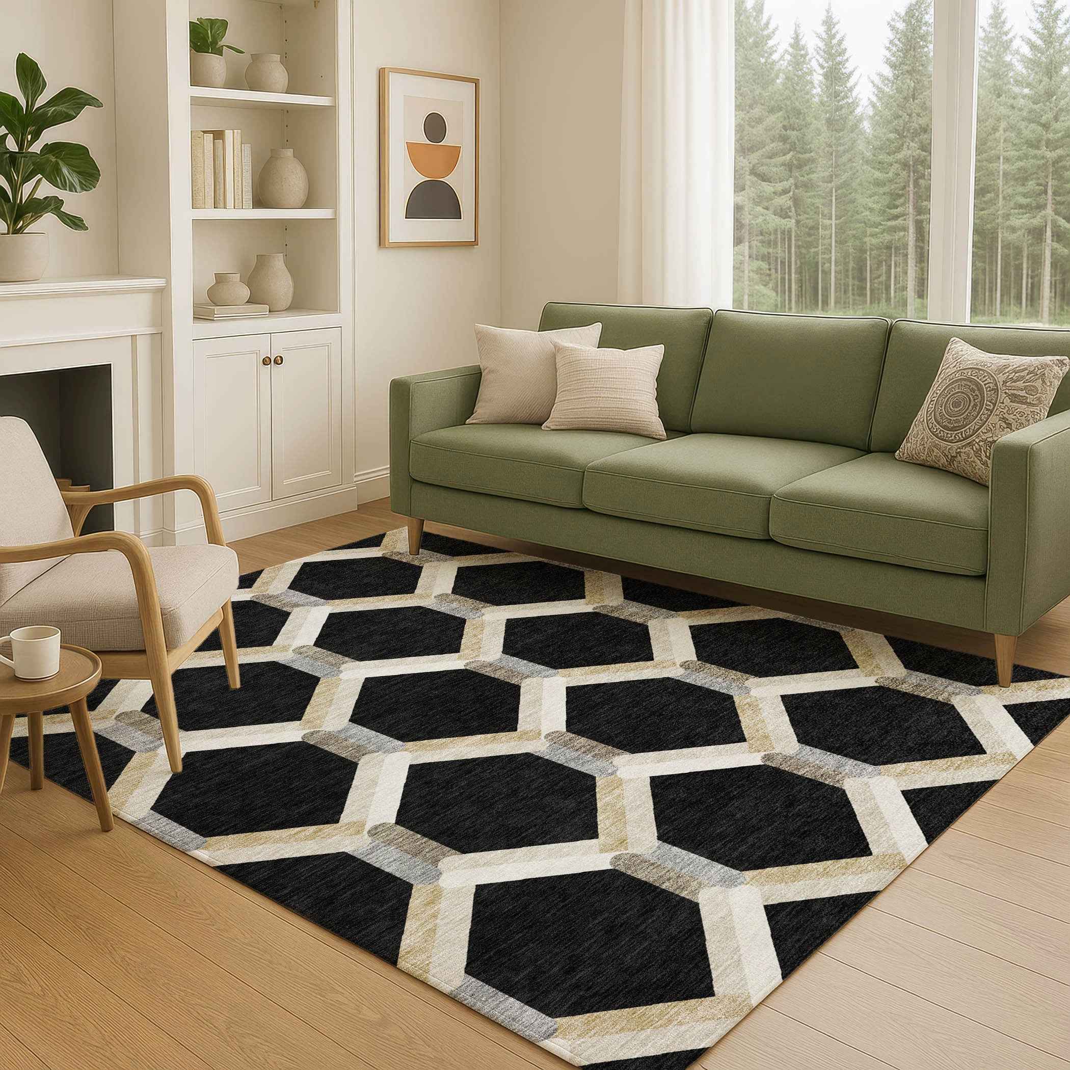 8' X 10' Black Ivory And Wheat Geometric Washable Indoor Outdoor Area Rug