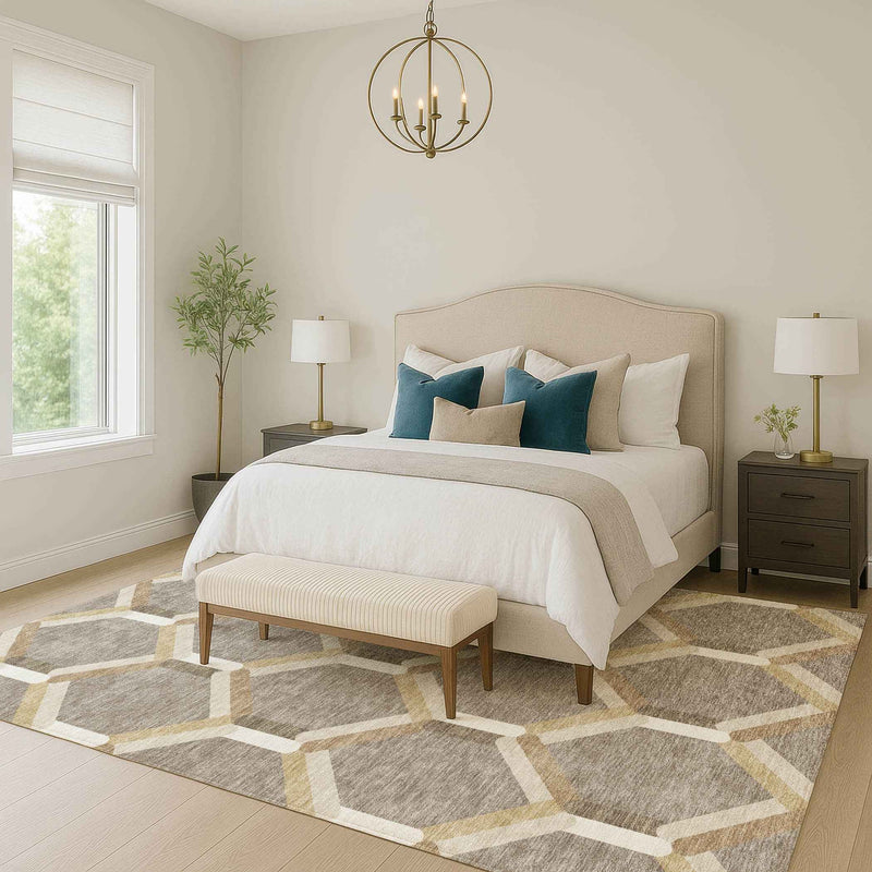 9' X 12' Taupe Beige And Ivory Geometric Washable Indoor Outdoor Area Rug