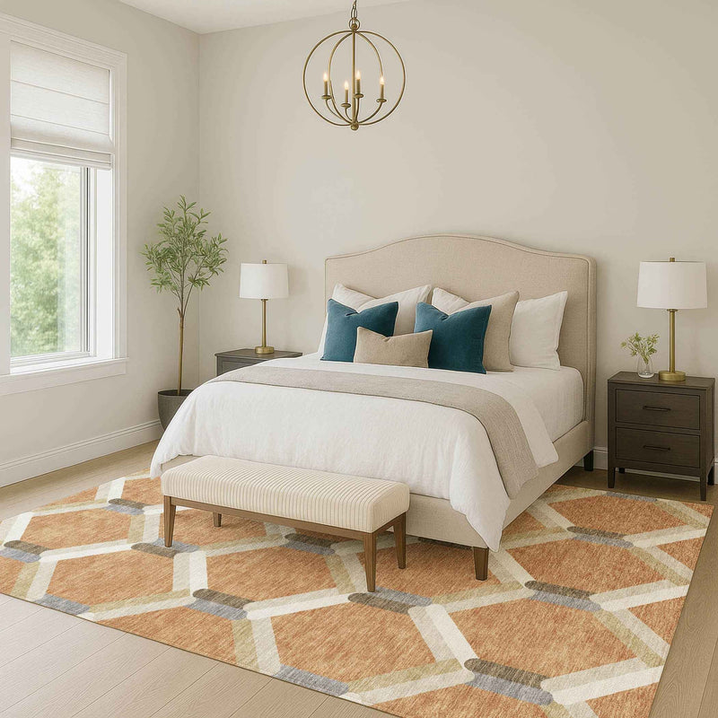 3' X 5' Copper Ivory And Gray Geometric Washable Indoor Outdoor Area Rug