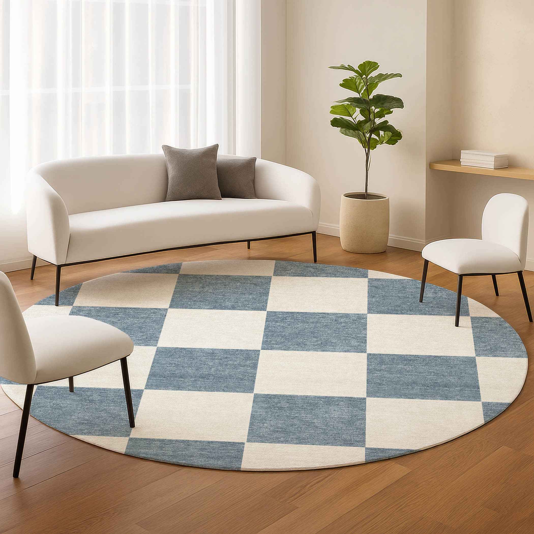 8' Denim Blue And Ivory Round Geometric Washable Indoor Outdoor Area Rug
