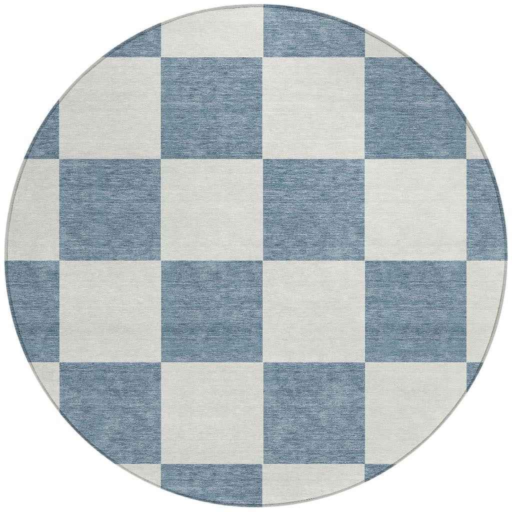 8' Denim Blue And Ivory Round Geometric Washable Indoor Outdoor Area Rug